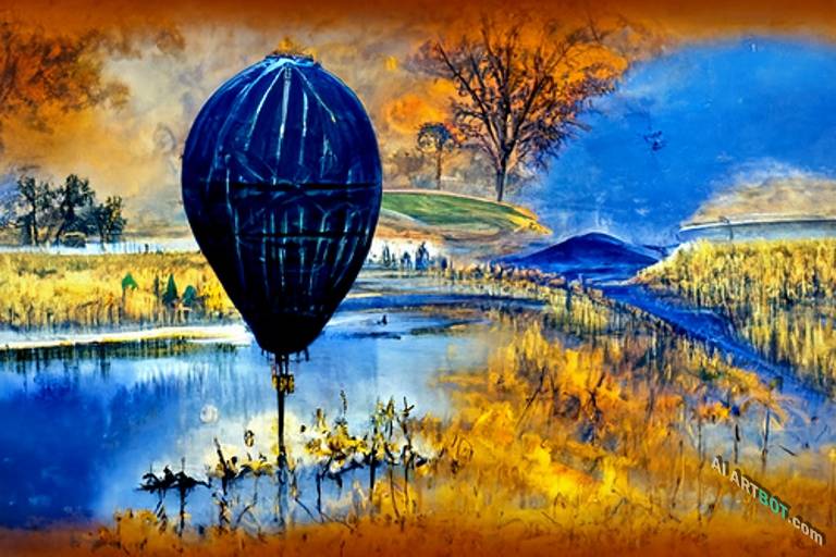 A landscape of hot air balloon on countryside pond by Marc Silvestri