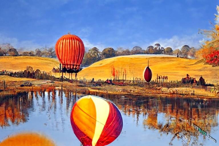 A landscape of hot air balloon on countryside pond by Peter Andrew Jones