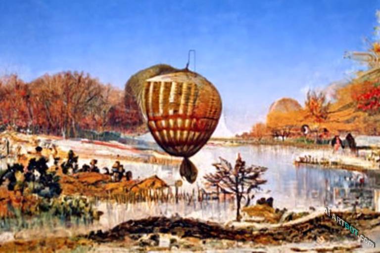 A landscape of hot air balloon on countryside pond, American propaganda