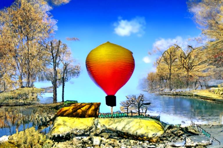 A landscape of hot air balloon on countryside pond, PS1 graphics