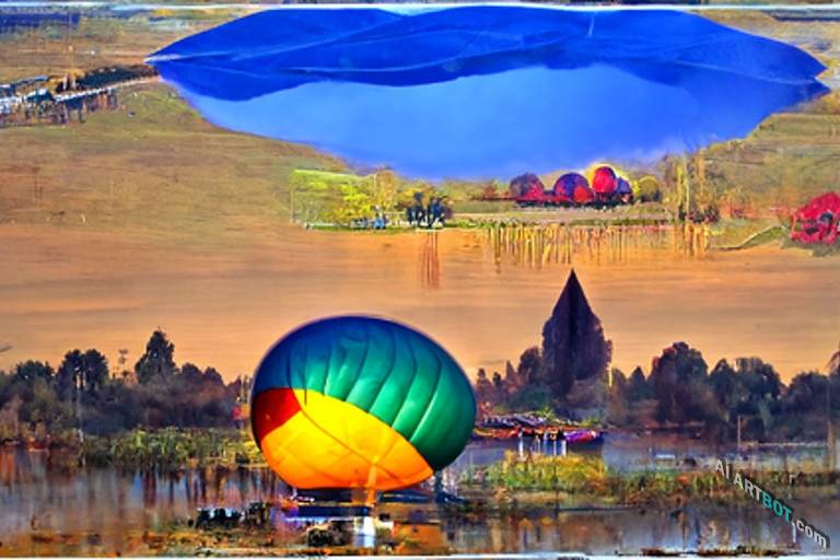A landscape of hot air balloon on countryside pond, Holographic