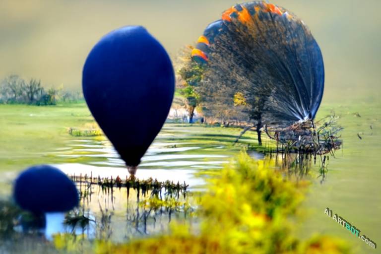 A landscape of hot air balloon on countryside pond, Burst mode photography