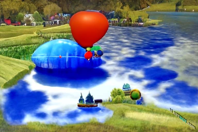 A landscape of hot air balloon on countryside pond, Super Mario Galaxy gameplay