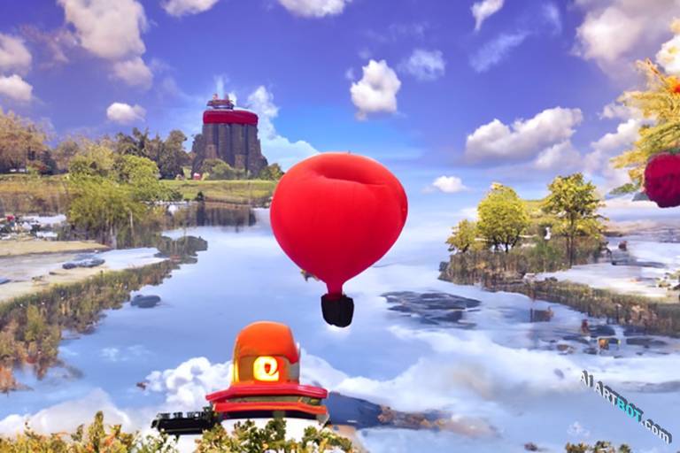 A landscape of hot air balloon on countryside pond, super mario odyssey gameplay